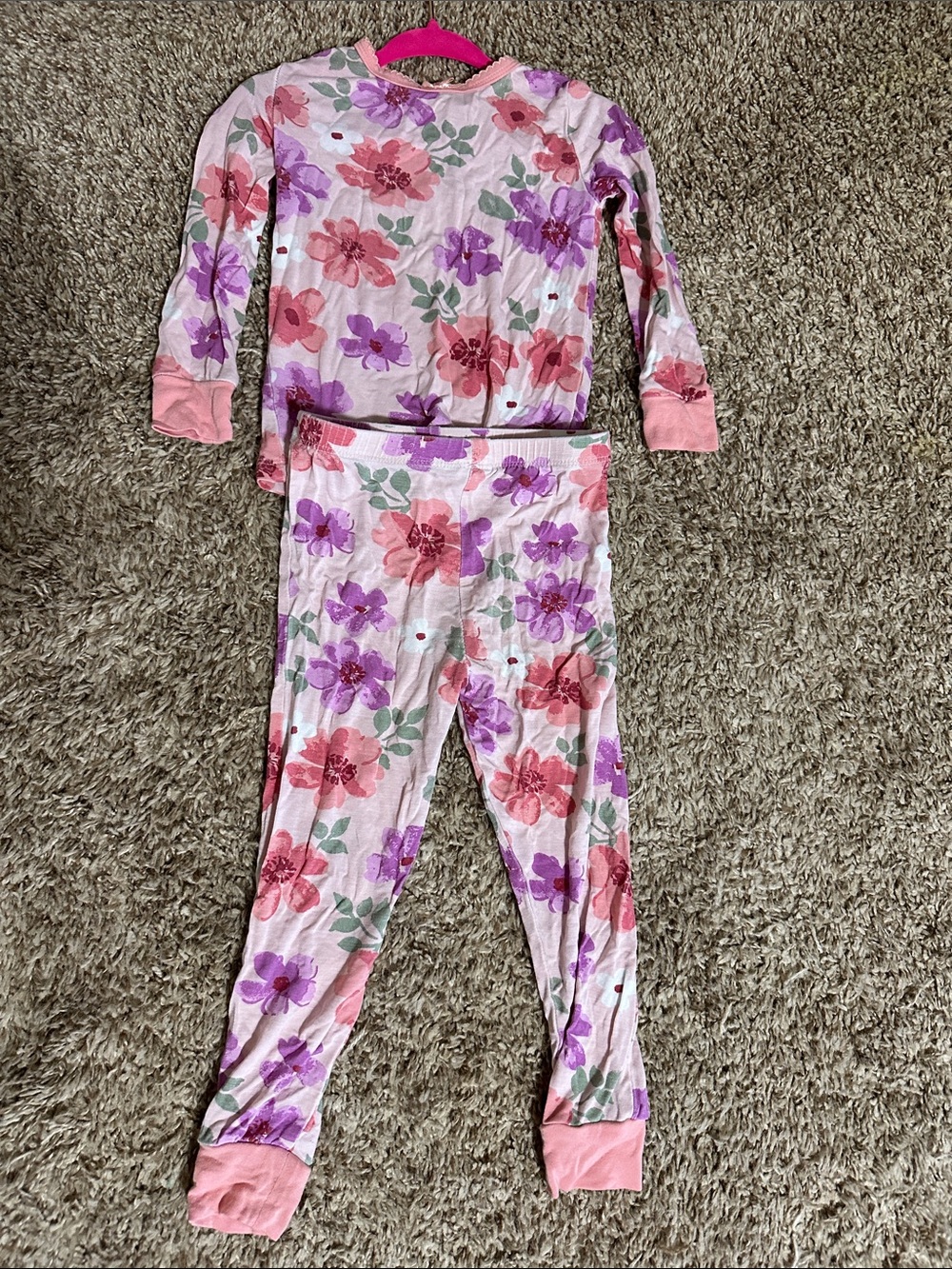 Little Me Pink and Purple Floral Two-Piece Pajama Set stretch soft fabric